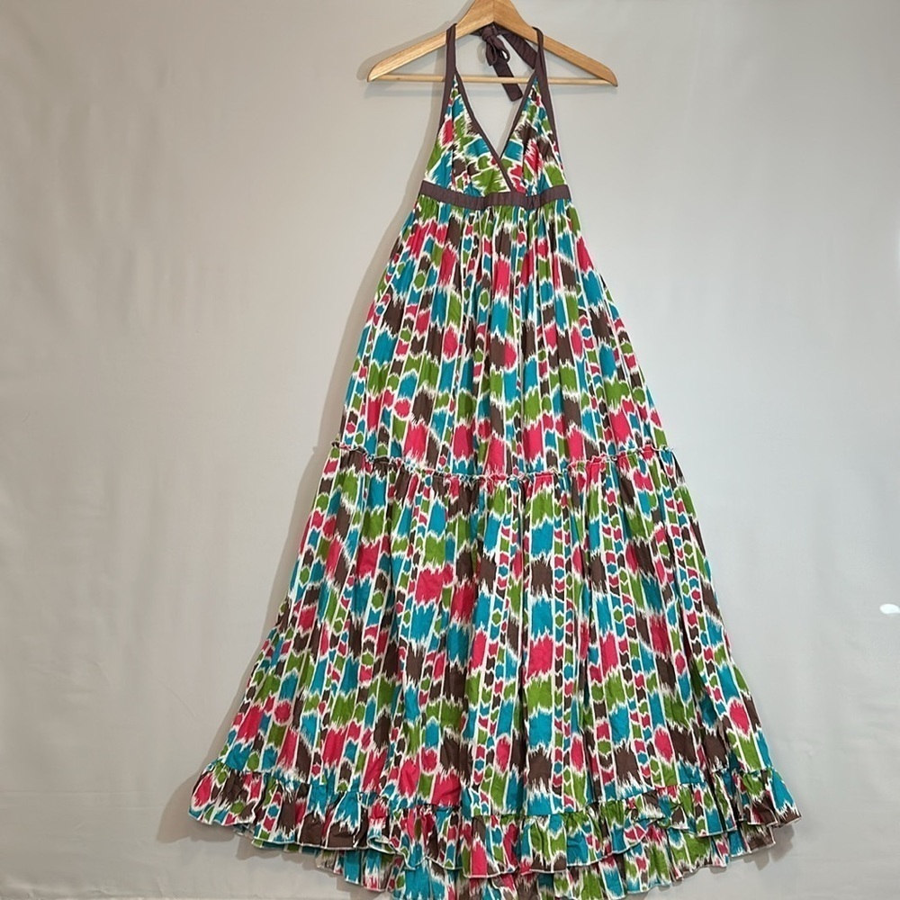 Apollo Womens Size M Halter Maxi Dress Tiered 100% Cotton Backless Tie Neck Boho